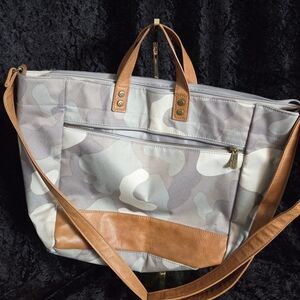 thirty-one Tan Leather Accent Tote with Gray Fabric